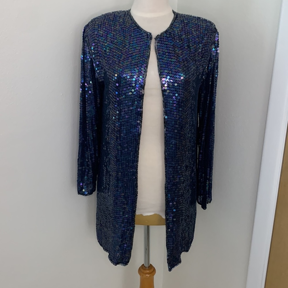 Mermaid sparkle sequin long blazer navy purple M medium